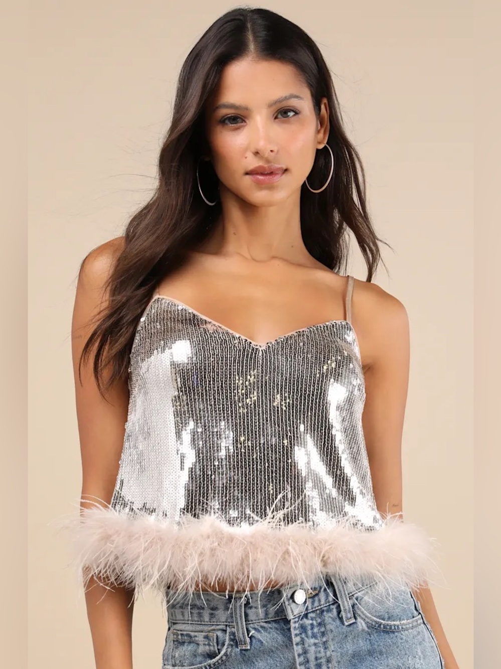 Lulu's Silver Sequin Feather Trim Tank Top